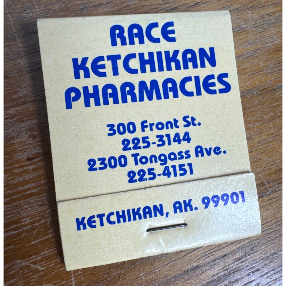Alaska Ketchikan Race Pharmacies Matchbook Unstruck Full 80s AK Ephemera Vintage